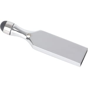 A silver touch pen USB flash drive with a black tip, featuring a logo on its side.