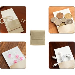A gold PU leather flip jewelry pouch displaying various items like coins, earrings, and accessories. It features a logo.