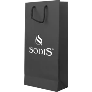 A drink bottle paper bag in black, featuring a logo, with handles for easy carrying. Dimensions: 175x360x85mm.