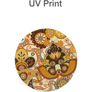 A round ceramic coaster featuring a vibrant design in orange, yellow, and brown tones, with intricate floral patterns.