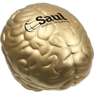 A gold brain-shaped stress reliever with a logo on it, designed for fun and stress relief.