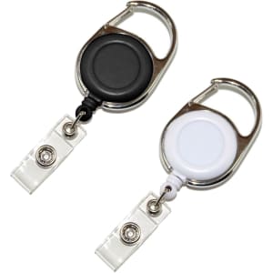 A black and a white carabiner retractable card holder, featuring circular buttons and a clear badge clip.
