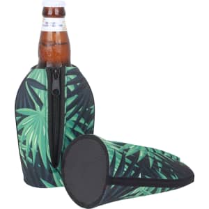 A drink bottle cooler with a zipper featuring a green palm leaf design and a black base. It includes a logo.