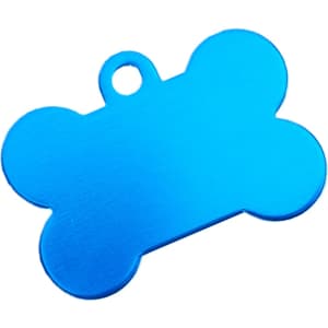 A blue bone-shaped pet ID tag with a hole for attaching to a collar, featuring a smooth finish.