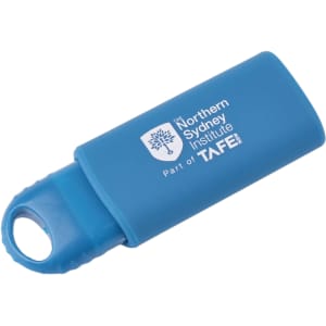 A blue click button flash drive with a logo, featuring a removable cover and a loop for attachment.