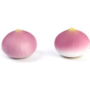 A pink and white onion-shaped stress reliever, featuring a smooth surface and rounded top. It has a small yellow tip.