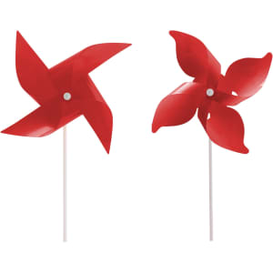 A red four-leaf pinwheel with a white stick. It features four curved blades and has a logo.