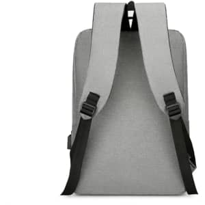 A grey laptop backpack with USB charging capability and adjustable black straps. It features a simple design.