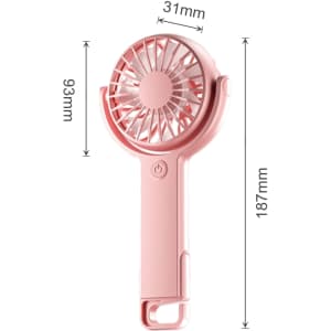 A pink handheld fan with a 180° adjustable angle and a compact design, featuring a logo.