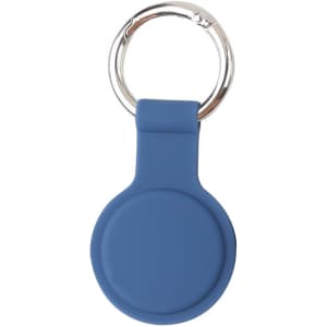 A blue silicone Air Tag protective case with a silver keyring attachment.