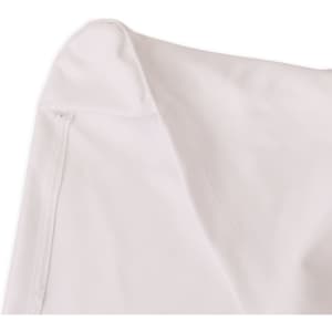 A fitted white banquet chair cover with a smooth finish and stitching details. It features a logo.