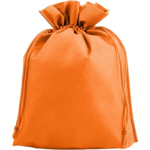 An orange non-woven drawstring bag with a gathered top and a logo.