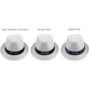 Three white straw hats displayed, each featuring different types of decorative bands and logos.