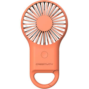 A compact orange carabiner mini fan with LED light, featuring a circular design and a small handle for attachment.