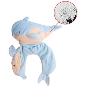 A whale-shaped travel pillow in soft blue and beige, featuring a plush design and decorative elements.