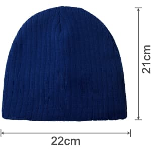 A blue cable knit beanie with dimensions of 21 cm in height and 22 cm in width, featuring a plain design.