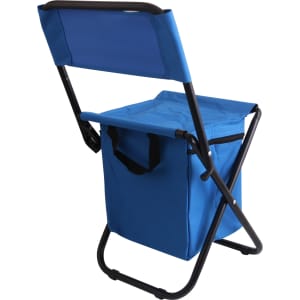 A blue foldable camping chair with a cooler bag attached, featuring a black frame and carrying handles.