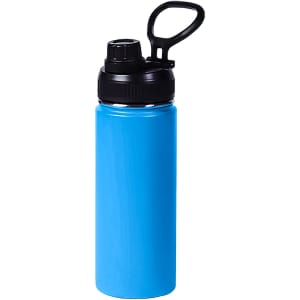 A drink bottle in bright blue stainless steel with a black lid and carry handle.