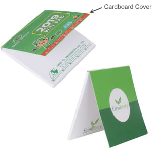 Custom shaped sticky note memo pads with a green and white cardboard cover, featuring a logo.
