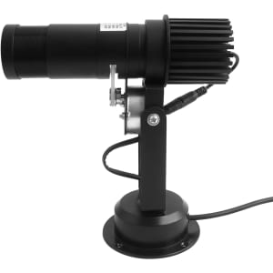 A black 25W LED logo projector light with a robust stand and cooling fins, featuring a power cord.