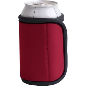 A drink bottle is nestled in a red Velcro wrap stubby holder with a black trim. The holder features a logo.