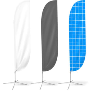Three convex feather banners in white, grey, and blue grid pattern, each supported by a sturdy base.