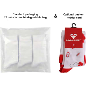 A pack of compression socks in a biodegradable bag, featuring white socks with red accents. Includes a custom header card.
