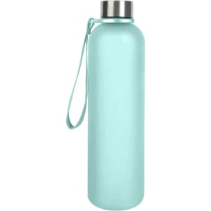 A drink bottle in a light teal colour with a stainless steel cap and a carry strap. It has a logo on the side.