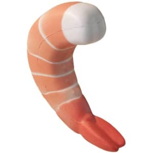 A shrimp-shaped stress reliever in pink and white, featuring a smooth texture and rounded shape.