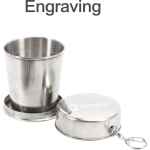A compact stainless steel folding cup in silver, with a base that doubles as a lid and includes a keychain attachment.