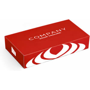 A red tissue box featuring a logo and decorative design on the front.