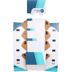 A premium cardboard floor display with a base, featuring a mix of white and teal colours and multiple shelves.
