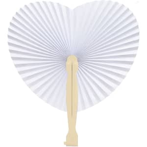 A white heart-shaped plastic paper fan with a beige handle, featuring a pleated design.