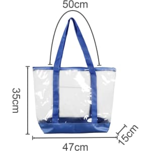 A large clear zippered tote bag with blue handles and trim, featuring dimensions and a logo.