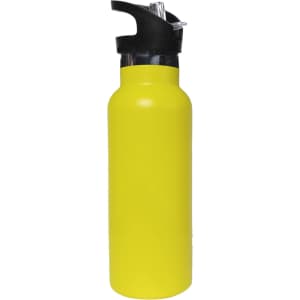 A drink bottle in bright yellow with a black flip valve lid and a logo on the body.