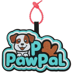 A custom felt hanging tag featuring a dog illustration and the word "PawPal" in teal, brown, and black colours.