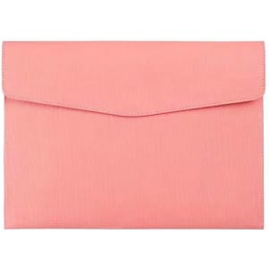 A PU leather A4 file bag in a soft pink shade, featuring a flap closure and a smooth texture, with a branding logo.