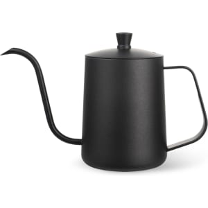 A black stainless steel pour over kettle with a long spout and a lid, featuring a simple handle design.
