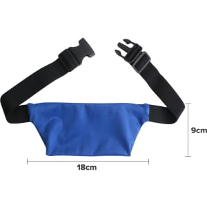A blue waist bag with adjustable straps, featuring a clasp and a logo, measuring 18cm x 9cm.