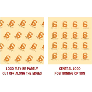 Kraft paper sheets in beige with a repeated logo pattern, featuring two layout options for logo placement.