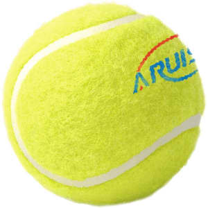 A bright yellow tennis ball featuring a logo and standard white stripes. Ideal for sports and outdoor activities.