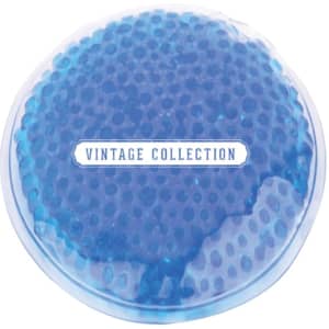 A blue gel cold/hot pack with a textured surface in a circular shape, featuring a logo.