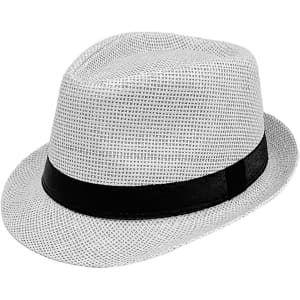 A white straw hat with a black band, featuring a classic fedora style. It has a textured weave and a small brim.