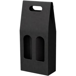 A black portable wine box designed to hold two bottles, featuring a handle and cut-out sections for visibility.