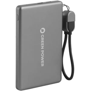 A compact grey aluminium power bank with a detachable cable, featuring a logo on the surface.