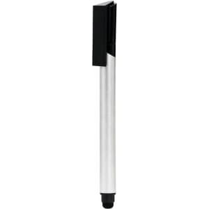 A silver and black stylus USB pen featuring a sleek design and a logo on the barrel.