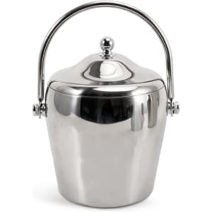 A stainless steel cooler bucket with a shiny finish and a hinged handle. The lid is domed with a decorative knob.