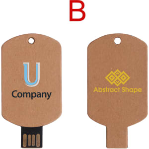A brown eco-friendly flash drive with a black USB connector, featuring two designs with logos on each side.