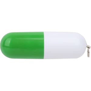 A green and white pill-shaped flash drive with a keyring attachment. It features a smooth, glossy finish.