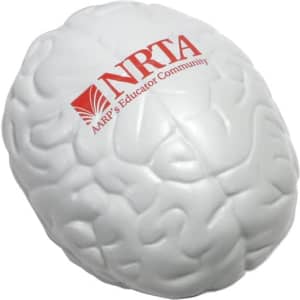 A white brain-shaped stress reliever featuring a logo on one side.